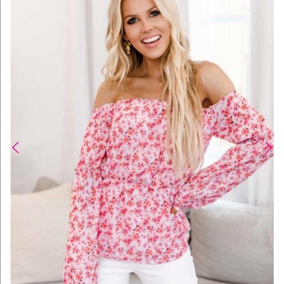 Pink Lily Tops - Pink floral off shoulder peplum boutique top